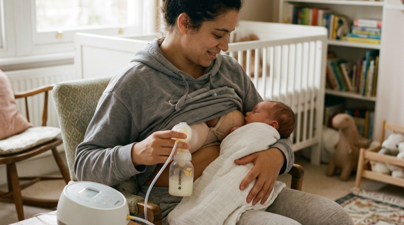 Mother breastfeeding newborn while holding a breast pump in a nursery