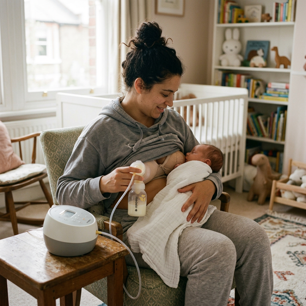 Mother breastfeeding newborn while holding a breast pump in a nursery